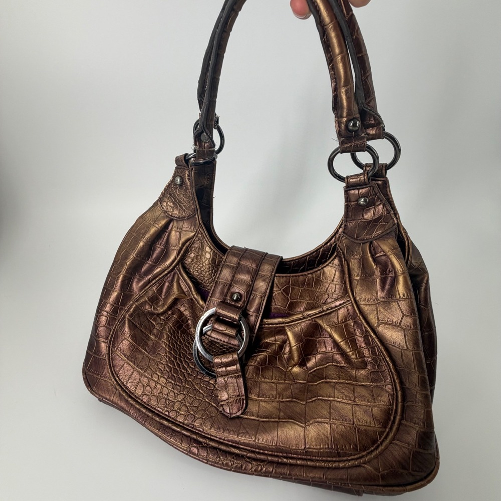 Y2K Mondani New York Bronze Metallic Croc Embossed Hobo Bag Purple Lining - Picture 2 of 8